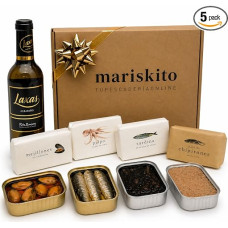 „MARISKITO“ „La Mar de Disfrutón“ rinkinys – 6 gurmaniškos skardinės – Galisijos konservų skardinės – Dovanų krepšelis – Delikatesinių produktų rinkinys