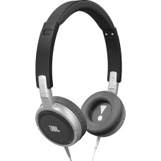 „JBL T300A“ ant ausų uždedamos ausinės su integruotu 1 mygtuko nuotolinio valdymo pulteliu ir mikrofonu – juodos/sidabrinės spalvos