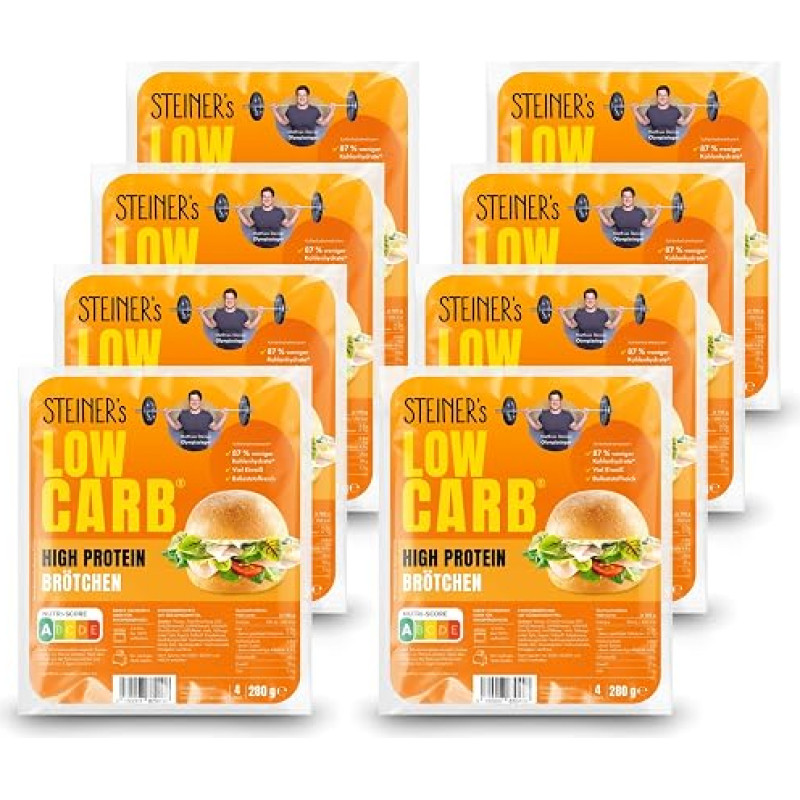 STEINER´s Low Carb High Protein Rolls, 87% Less Carbohydrates, High Protein, Only 2 g Net Carbs, 22 g Protein (Pack of 8, 32 Pieces)