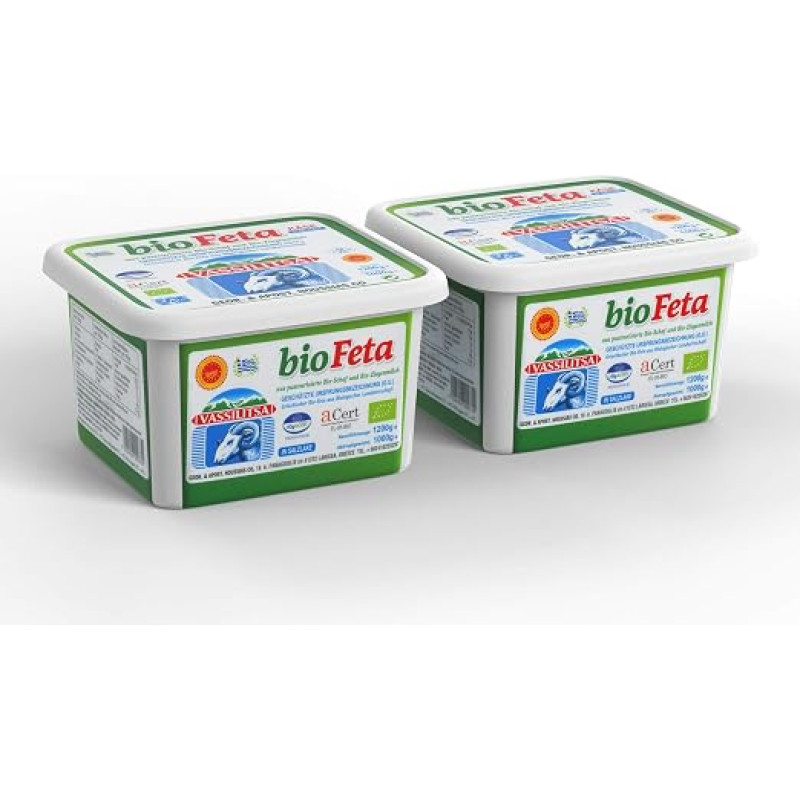 „Vassilitsa“ ekologiškas avies sūris „Feta“ – 2 x 1 kg – Ekologiškas „Feta“ sūris Ekologiškas graikiškas avies sūris „Feta“ sūryme Avies sūris, 43 % riebalų, pagamintas Graikijoje, 70 % avies pieno, 30 % ožkos pieno, plastikinėje pakuotėje, ekologiškas