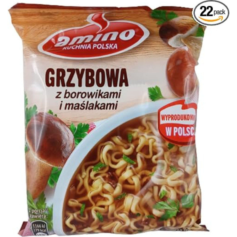 „Amino Grzybowa“ lenkų greitai paruošiamos makaronų sriubos su grybų skonio priedais, 22 vnt. pakuotė (22 x 57 g)