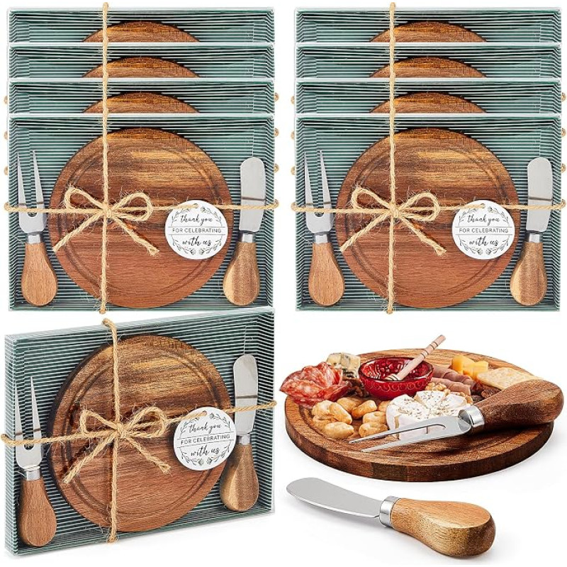 Maxcheck 8 Sets Baby Shower Bridal Game Prizes for Winners, Round Cheese Board Set, Wood, Mini Charcuterie Board with Knives and Forks, Bulk Thank You Card with Gift Box for Guests | Akazie Mini Charcuterie Boards, Geschenke für Babyparty, Brautgäste als 