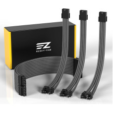 EZDIY-FAB Power Supply Cable Extension Kit, 18AWG, ATX/EPS/PCIe, 30 cm Carbon | PET-coated cables, including cable combs, 4 cable extension, flexible cable laying, cable management, individual PC builds