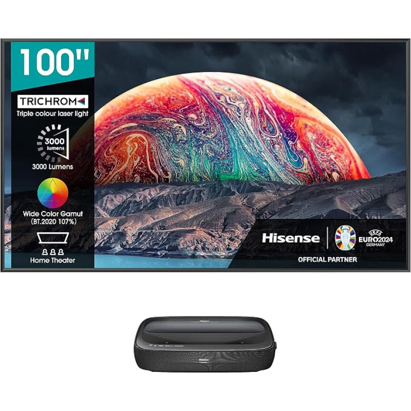 „Hisense“ 100L9G-B12 (100 colių) RGB „Trichroma“ lazerinis projektorius (100 colių DLP ekranas, 4K lazerinis televizorius, UHD, HDR, lazerinė technologija, „VIDAA U4“ išmanusis televizorius, trigubas imtuvas, keturių branduolių procesorius)