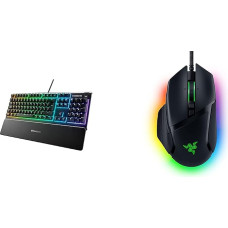 „SteelSeries Apex 3“ žaidimų klaviatūra su 10 zonų RGB apšvietimu ir „Razer Basilisk V3“ laidinė, individualiai pritaikoma žaidimų pelė