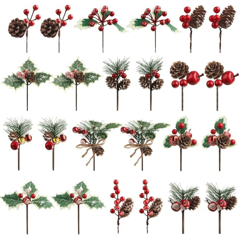Pack of 24 Christmas Artificial Pine Branches Christmas Berries with Pine Cones Apples Bells Artificial Berry Branches for Christmas Tree Wreath Arrangement Home Decoration