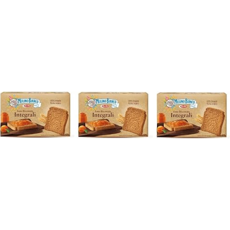 3 pakuotės „Mulino Bianco“ riebalų turinčių „biscottate volkoren“ 630 g pilno grūdo džiūvėsėlių iš Italijos