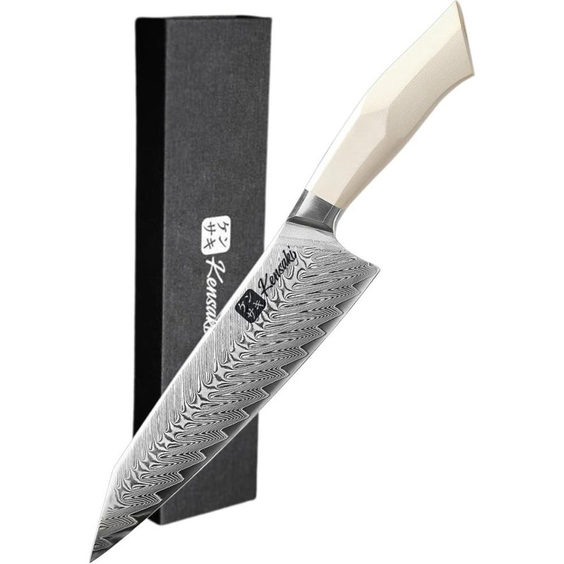 Chef's Knife Damascus Steel Kitchen Knife Japanese Style Made from 67 Layers Damascus Steel White G10 Handle - Shiro Series