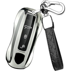 HIBEYO Smart Car Key Case Fits Porsche 3-Button Key Box for Porsche 911 971 Taycan Boxster Carrera Macan Protective Cover TPU Key Case Key Fob Remote Control Silver