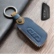 HIBEYO Smart Car Key Case Suitable for VW Golf 8 Protective Remote Control Key Case Cover for Skoda Octavia Seat Leon MK4 3-B Key Case with Leather Key Fob Blue