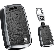 HIBEYO Smart Car Key Case Fits VW Skoda Karoq Superb Octavia Golf 7 MK7 MK4 Polo T-ROC Touran Seat Leon Ibiza Key Case Cover Key Fob Leather (Black)