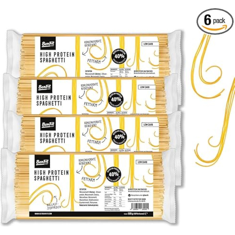 BENFIT daug baltymų turintys mažo angliavandenių kiekio spagečiai - 6 x 500 g - baltymingi makaronai, ilgai išliekantys, su sumažintu sočiųjų ir angliavandenių kiekiu, pagaminti Italijoje, 