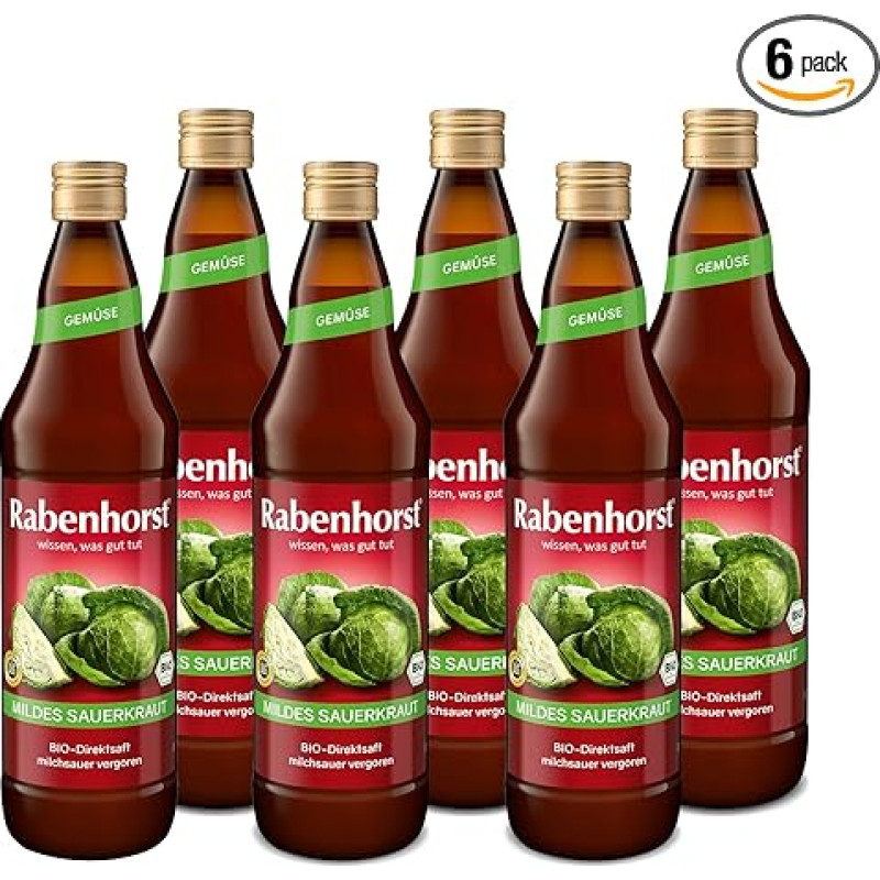 RABENHORST Mild Sauerkraut Organic 6 Pack (6 x 700 ml) - Pieno rūgšties rauginti rauginti kopūstai - tiesioginės sultys