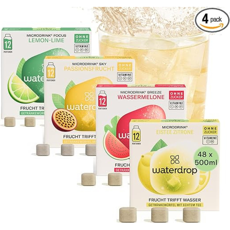 Waterdrop® Microdrink Tropical Mix, 48 Waterdrop Drops Cubes, 4 Fruity Varieties Including Iced Tea Lemon, Sugar-free Drink Powder, Flavour for Water, Low Calorie and Valuable Vitamins