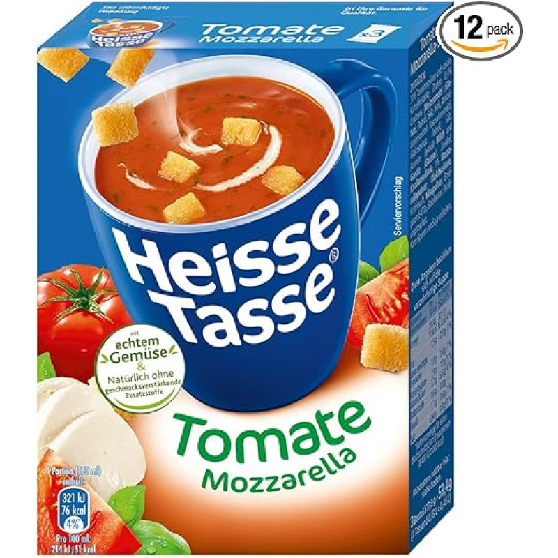 Hot Cup Tomato Mozzarella with Crisp Croûtons Pack of 12 (12 x 450 ml), Ready in Just 2 Minutes - The Perfect Soup Snack