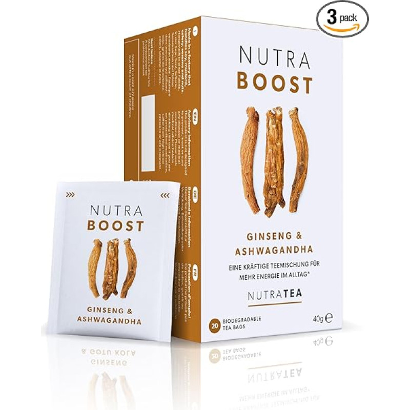 Nutra Tea Nutaboost, Ashwagandha Tea Helps Optimise Physical and Emotional Endurance, Stress Resistant and Promotes Concentration, 60 Reusable Tea Bags, Stress-Free Tea