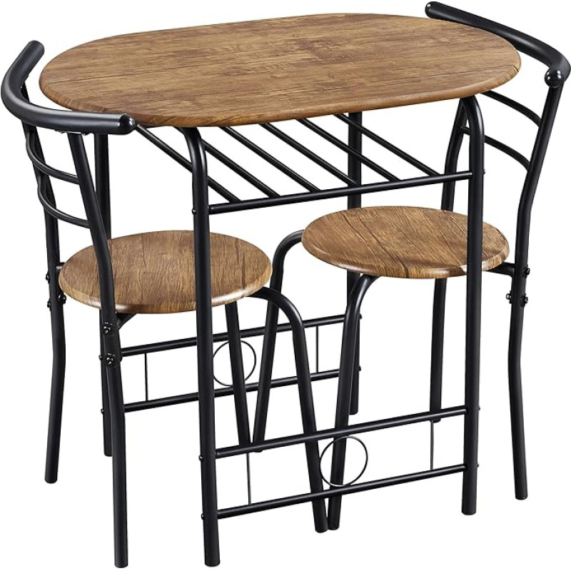 Yaheetech Kaimiško stiliaus valgomojo rinkinys 2 asmenims su 1 valgomojo stalu ir 2 kėdėmis Virtuvės stalas su laikymo skyriumi Valgomojo stalo ir kėdžių rinkinys, rudos spalvos