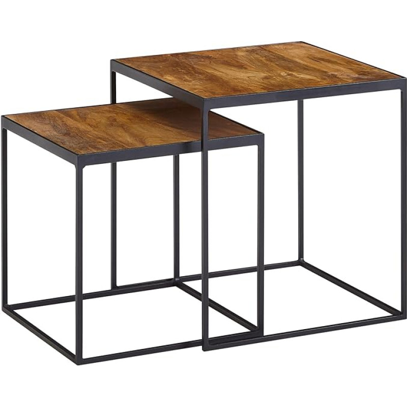 FineBuy Gyvenamasis kambario stalas 2 Mango medžio masyvo / metalo šoninis stalas Kvadratinio dizaino šoninis stalas Pramoninis sofos stalas Kavos staliukas Kvadratinis kilimėlis 2 dalių rinkinys Stalas