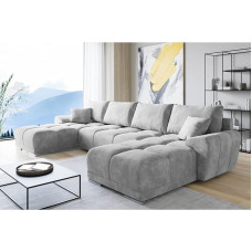 ML Furniture Velvet U-shaped Corner Sofa - Light Grey - Couch with Storage Space and Cushions - Extendable Sofa with Sleep Function - Sofa Bed with Bed Box - Guest Bed - 365 x 189 cm
