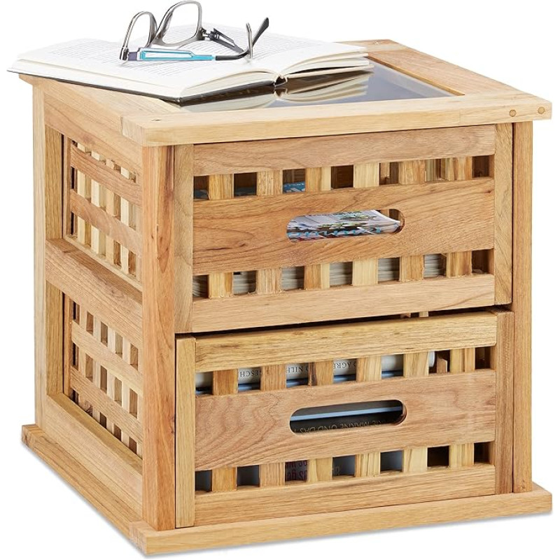 Relaxdays Beistelltisch Walnuss, quadratischer Nachtschrank aus Naturholz mit 2 Schubladen, HBT: 34 x 34 x 34 cm, natur