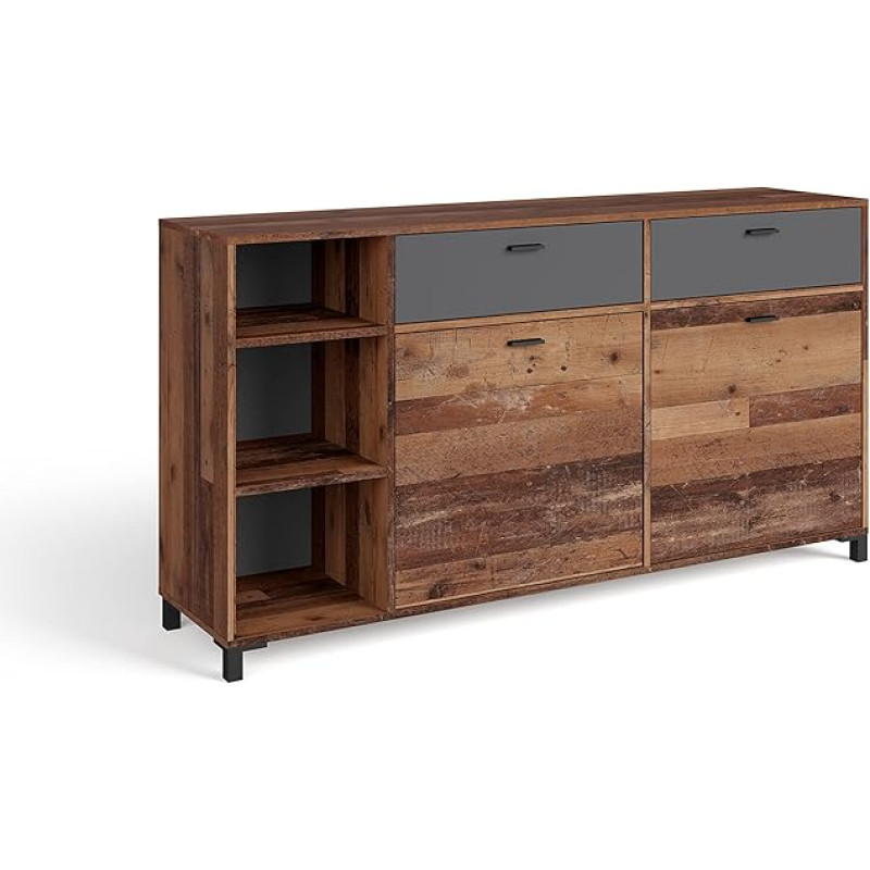 byLIVING Jackson Komoda / komoda Senovinė medinė Vintage Brown / 2 dviejų durų Brown / 2 stalčiai Anthracite / komoda su 2 durimis ir 2 stalčiais / W 160 x H 85 x D 40 cm