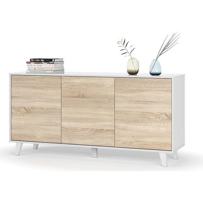 Sideboard mit drei Türen und drei Regalen, Eichenfarbe und Hochglanzweiß, Maße 154 x 41 x 75 cm