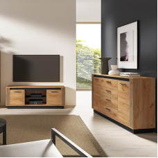 URBANIA-166 Gyvenamojo kambario baldų komplektas 2 dalių komoda, stalčius, spintelė, stalčius, televizoriaus spintelė, moderni ąžuolinė su juoda spalva