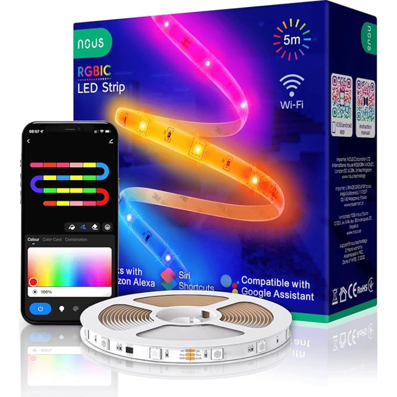 NOUS F4 5 m RGBIC LED Strip Wifi, Christmas LED Lights, Alexa LED Strip, Christmas Lighting, LED Strip Alexa Compatible, LED Lights for Room, Ambilight TV Retrofit, LED Strip 5 m, 2.4 GHz WiFi