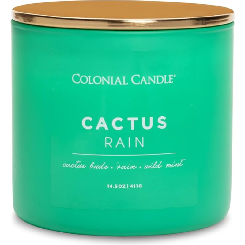 Colonial Candle Scented Candle in Glass with Lid | Cactus Rain | Floral Scented Candle | Candle 3 Wick | Candles Long Burning Time up to 60 Hours | Candles Green (411 g)