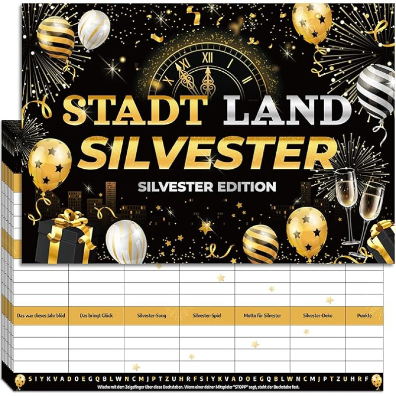 HOWAF 20 Blatt Stadt Land Silvester Spiele Erwachsene Kinder Familie, Bleigießen war gestern Spiel für Silvester Deko 2026, Silvesterspiele Partyspiel Geschenk, DIN A4 Spielblock
