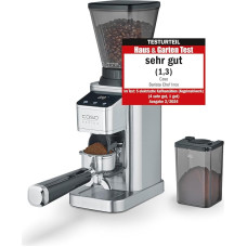 CASO BaristaChef Inox elektrinis kavos malūnėlis, bandymo įvertinimas: Labai geras, nerūdijančio plieno kūginis malūnėlis, su portafiltro laikikliu, 48 tikslūs malimo lygiai