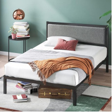 ZINUS Korey 36 cm Metal Bed Frame with Padded Headboard | Wooden Slatted Base | Easy Assembly | 140 x 200 cm | Grey