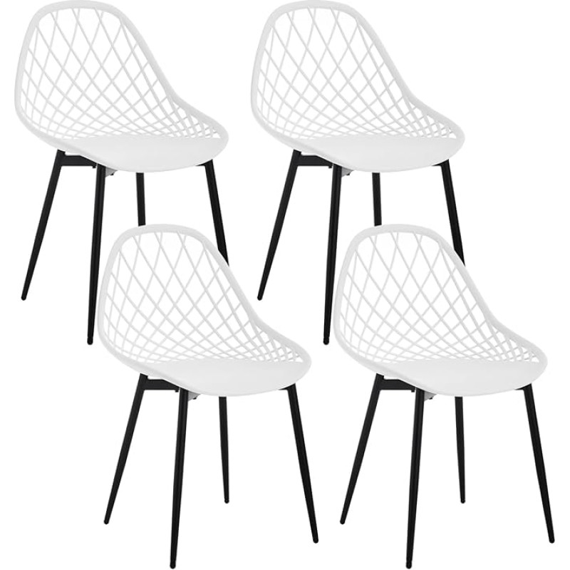 Valgomojo kėdės, 4 komplektas, virtuvės kėdės su tuščiaviduriu atlošu, svetainės kėdės su metalinėmis kojomis, plastikinės kėdės virtuvei, svetainei, balkonui, skandinaviškai modernios, baltos spalvos, K0018EZS-4