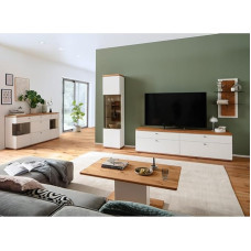 Namų baldų komplektas, baltas su ąžuolu, 5 dalių, modernus, 1 vitrina, 1 apatinė spintelė, 1 sieninė lentyna, 1 kavos staliukas, 1 bufetas, apšvietimas