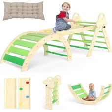 7-in-1 Montessori laipiojimo trikampis su pagalvėle - medinis laipiojimo žaislas 1-3 metų mažyliams - vidaus laipiojimo arka su kalneliu, kopėčiomis ir žaidimų arka (žalia)