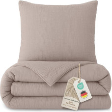 LAYNENBURG Premium muslino patalynė 135 x 200 cm + 80 x 80 cm - Oeko-Tex - 100 % medvilnė - pralaidi orui ir neelastinga - 3 sluoksnių muslinas su užtrauktuku ir dirželiais (Taupe)