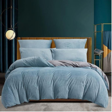 Cuddly Fleece Plush Winter Bed Linen 220 x 240 cm, Light Blue-Blue-Grey Fluffy Bedding Set, Warm Flannel Microfibre Duvet Cover and Pillowcases 80 x 80 cm with Zip