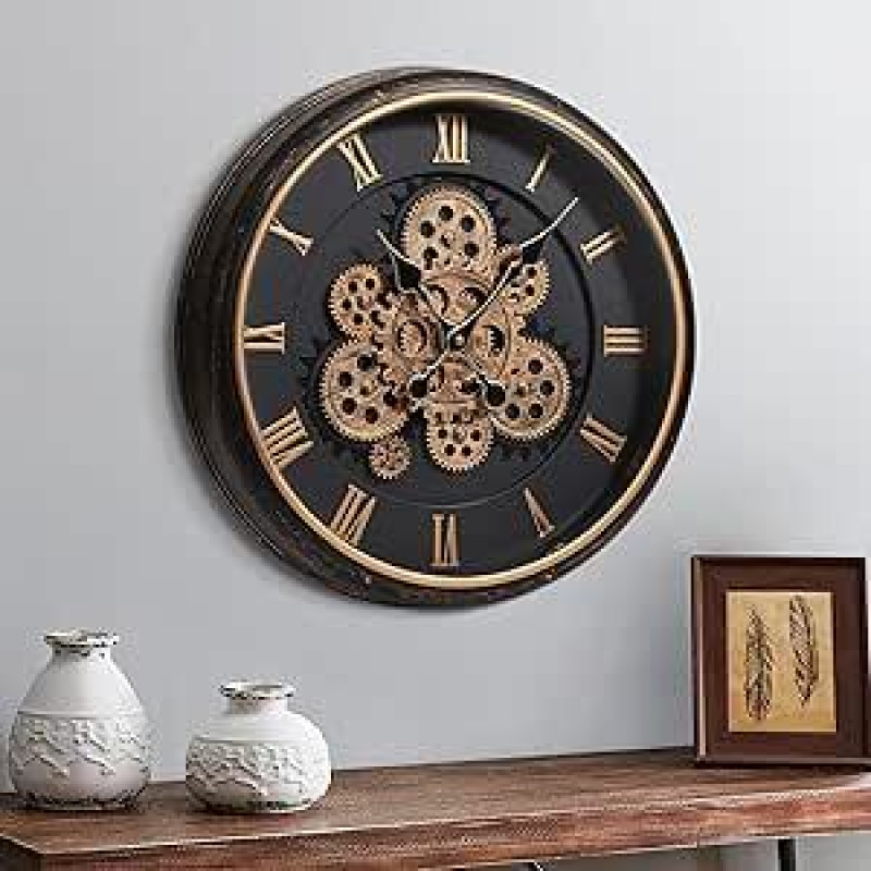 Didelis sieninis laikrodis su judančia pavara, 16 colių / 40 cm retro sieninis laikrodis gyvenamojo kambario dekorui, pramoninis Steampunk dekoratyvinis sieninis laikrodis Vintage bronzos aukso retro sieninis laikrodis, skirtas namų ūkiui namuose
