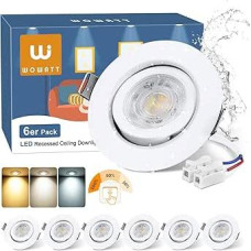 wowatt 6 LED Spotlights, 3 Levels, Dimmable, 6 W LED Recessed Spotlights, 230 V, Swivelling, 3000 K, Warm White, 4000 K, Neutral White, 6000 K Cool White, Ceiling Spotlights, White, 68 mm Hole Size, IP44 Recessed Lights, Flat for Bathroom