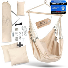 BELLAMATILDA Kabantis krėslas, 100 % medvilnė + 360° tvirtinimo priedai, itin ilgas ir 3 pagalvėlės, lauko ir vidaus kabantis krėslas, XXL kabanti sėdynė suaugusiesiems ir vaikams iki 150 kg, sodas, buitis