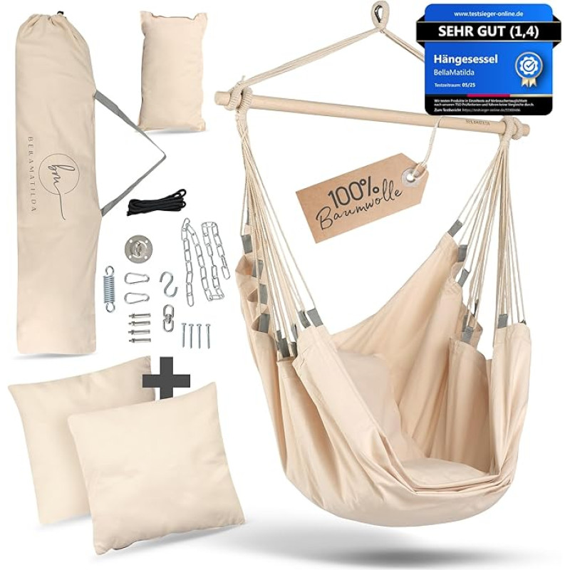 BELLAMATILDA Kabantis krėslas, 100 % medvilnė + 360° tvirtinimo priedai, itin ilgas ir 3 pagalvėlės, lauko ir vidaus kabantis krėslas, XXL kabanti sėdynė suaugusiesiems ir vaikams iki 150 kg, sodas, buitis