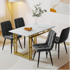 Sweiko Dining Room Sets (1 + 4), Golden Dining Table with 4 Dark Grey Velvet Dining Room Chairs, Leisure Chair, Living Room Chair with Backrest, Modern Kitchen Table with 4 Padded Chairs (Golden +