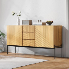 Komoda su 2 durimis, stalčiais ir reguliuojamomis lentynomis, metalinėmis kojelėmis, linijinio dizaino, natūrali, 140 x 40 x 75 cm (140 x 40 x 75 cm)