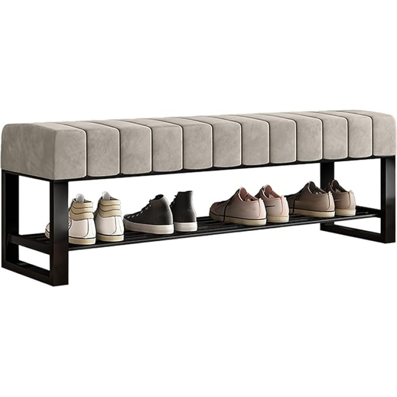 2 pakopų batų stovas iš juodo metalo, paminkštintas batų suoliukas prieškambaryje su laikymo vieta, bouclé suoliukas miegamajame, prie lovos, spintoje, prieškambaryje, duryse, svetainėje, (dydis: 60 x 32 x 45 cm,