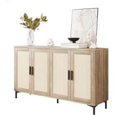 Bufetas - virtuvės bufeto spintelė su rotango dekoruotomis durelėmis, 4 durys, kavos baro akcentas, rotango bufetas valgomajam, virtuvei, prieškambariui, spintai, konsoliniam staliukui (natūrali mediena)