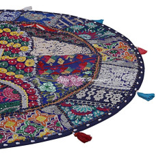 DK Homewares Traditional Cotton Seat Cushion Chair Floor Cushion Cover 100 x 100 cm Bohemian Dark Blue Patchwork Embroidered Home Decor Round Vintage Seat Cushion Bench - 40 x 40 Inches