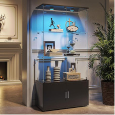 KSFASHZ Juoda stiklo vitrina su 4 lygiais, stiklo vitrinos su užraktu, 78,5 × 35 × 164 cm, vitrina Svetainė su LED stiklo vitrina, juoda