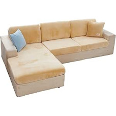 EURHOWING Universal Stretch Velvet Couch Cushion Covers for Sofa L Shape Sofa Cover Soft Protective Slipcover L-Shape Sofa Replacement with Elastic Edge (2 Seater Cover, Beige)