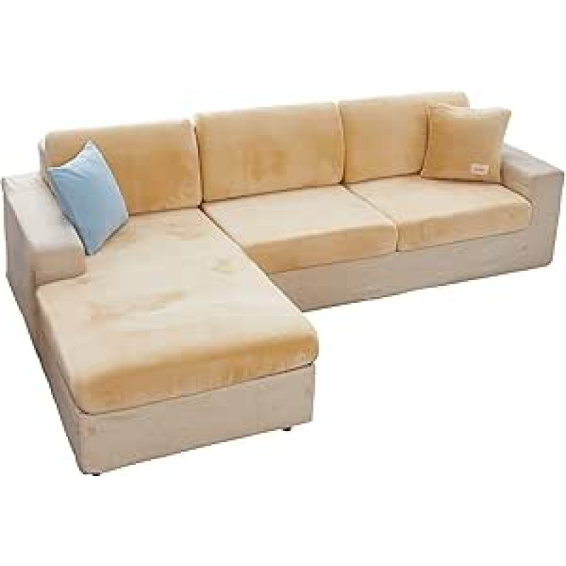 EURHOWING Universal Stretch Velvet Couch Cushion Covers for Sofa L Shape Sofa Cover Soft Protective Slipcover L-Shape Sofa Replacement with Elastic Edge (2 Seater Cover, Beige)