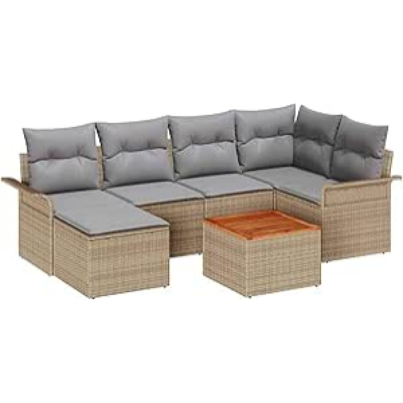 Rantry 7-teiliges Garten Sofa Set mit Kissen Beige Poly Rattan Akazie Gartenlounge Modelis3347350